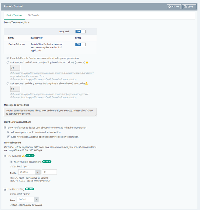 Remote Control Settings, Manage Device, Security Manager Comodo